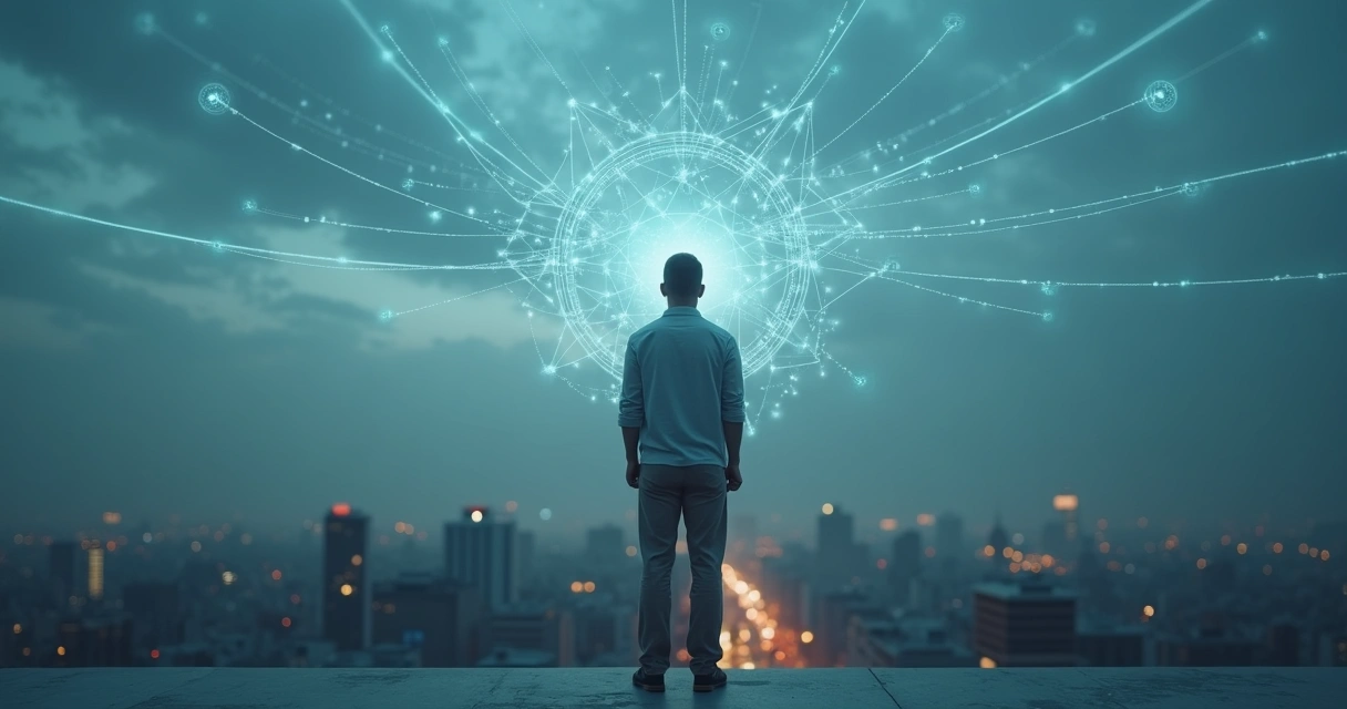 Person standing on a city rooftop at dusk looking at branching paths of light in the sky 