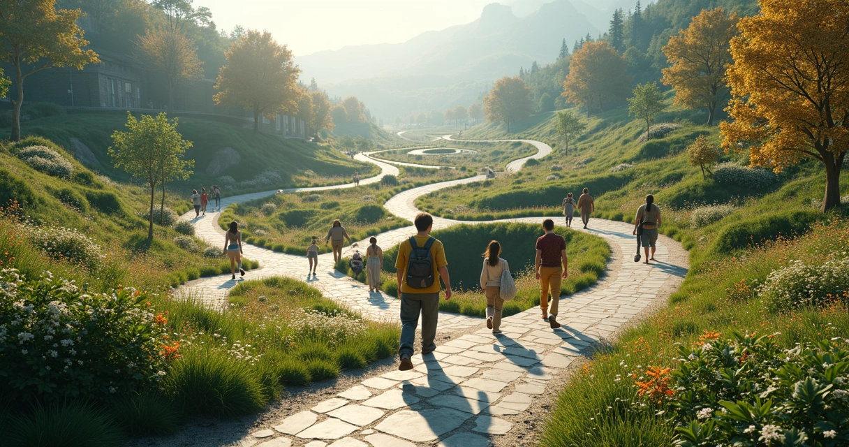 A symbolic journey of human development through interconnected paths and choices. 