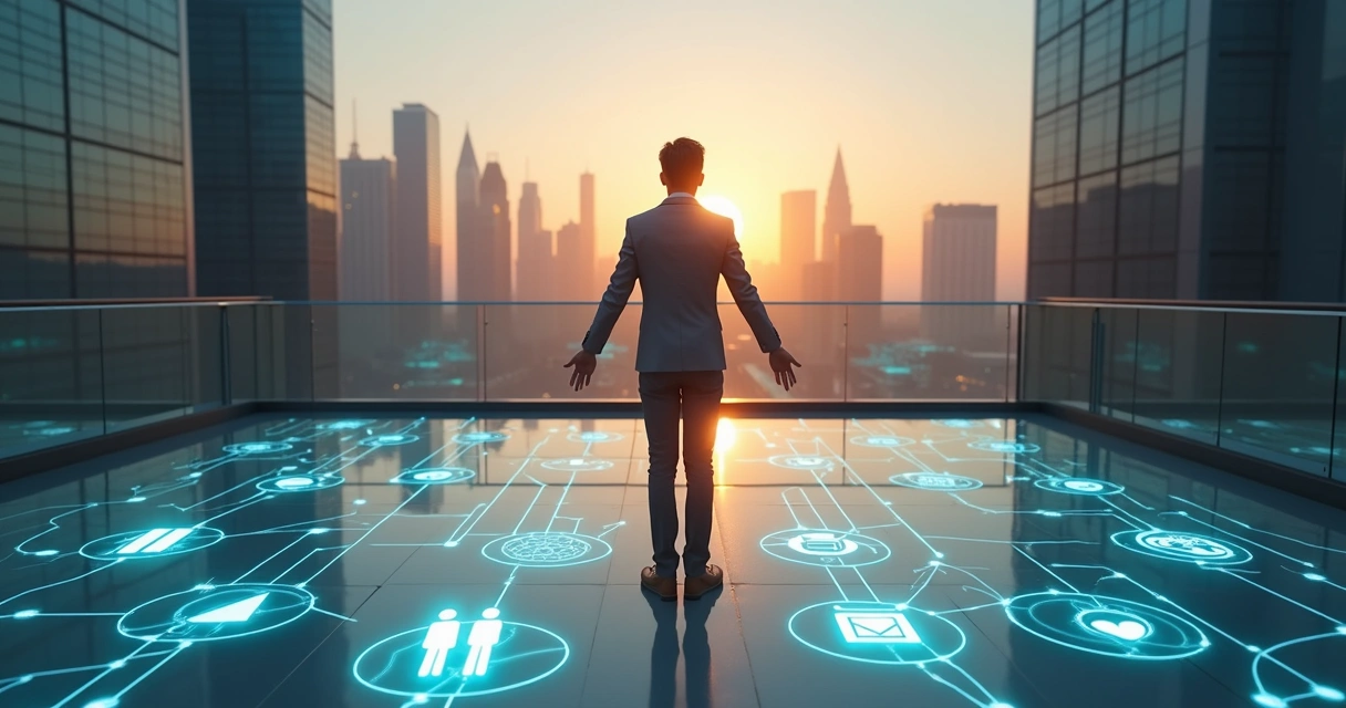 Professional standing at a crossroads between money and human impact icons on a futuristic city skyline 