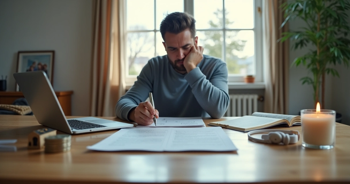 Person at desk comparing life choices with financial and emotional factors 