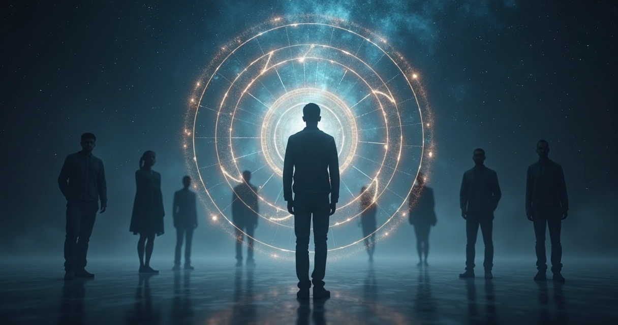 Person surrounded by luminous energy field connected to others in a subtle grid 