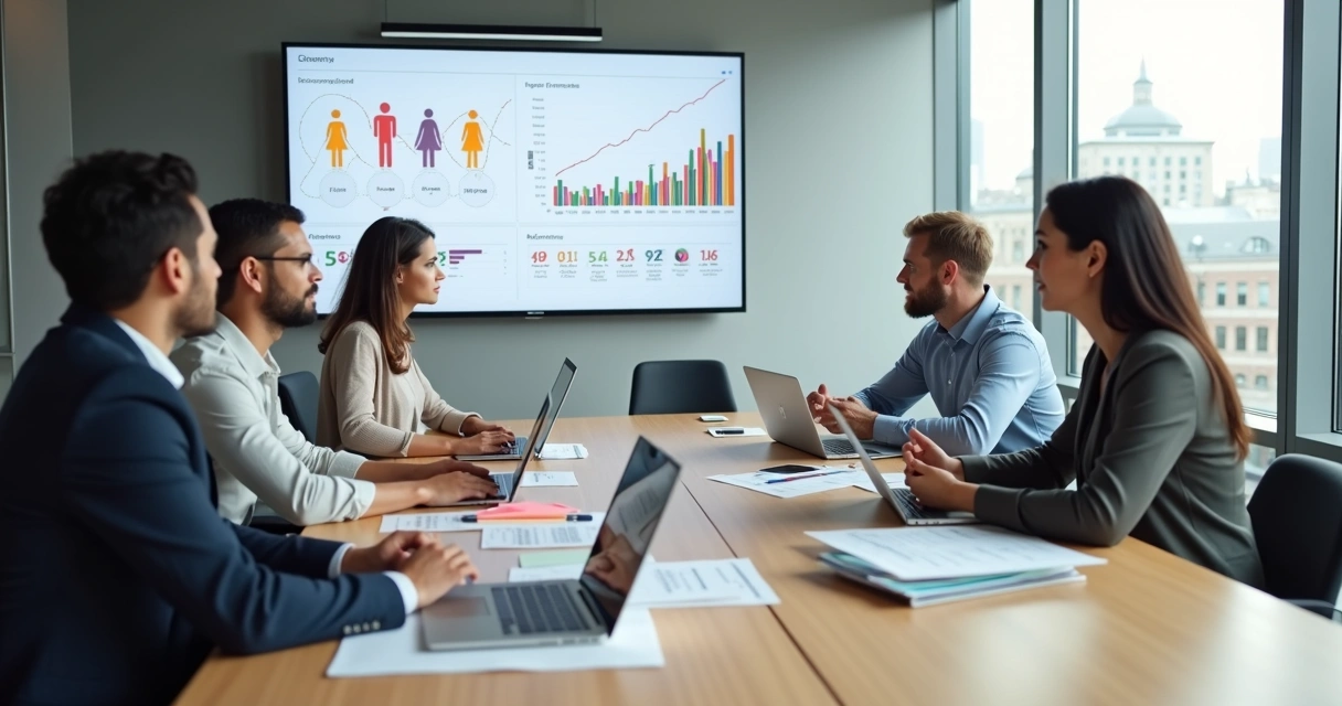 Team analyzing human impact data on diverse people icons and systems 