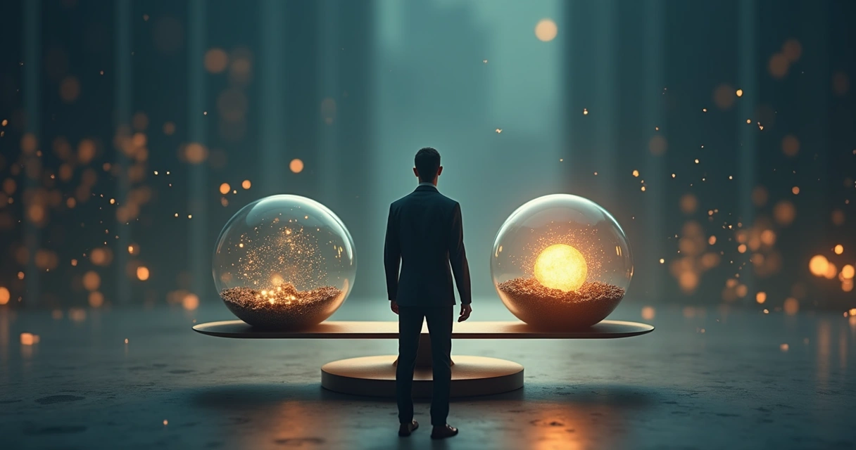 Person standing between glowing scales representing human impact and inner balance 