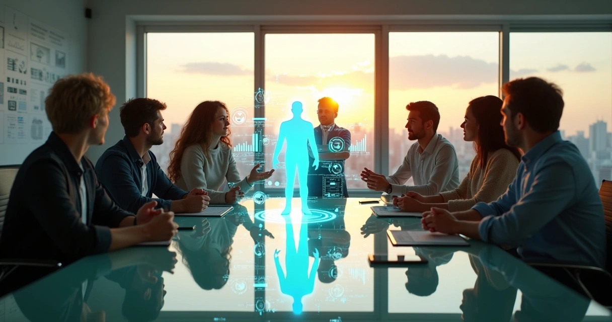 Diverse team standing around a glowing human-shaped icon overlaid with data charts 