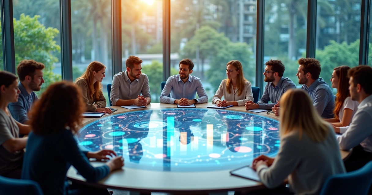 Team collaborating with digital tools around a round table