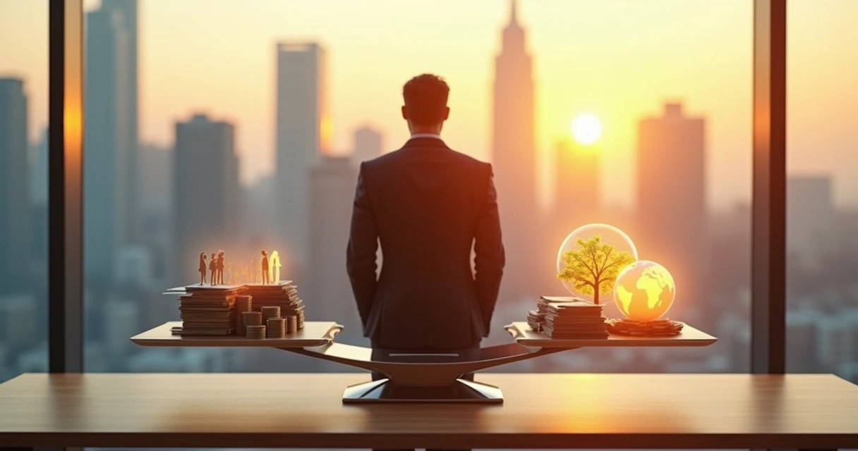Business leader weighing money and human impact icons on a balanced scale 