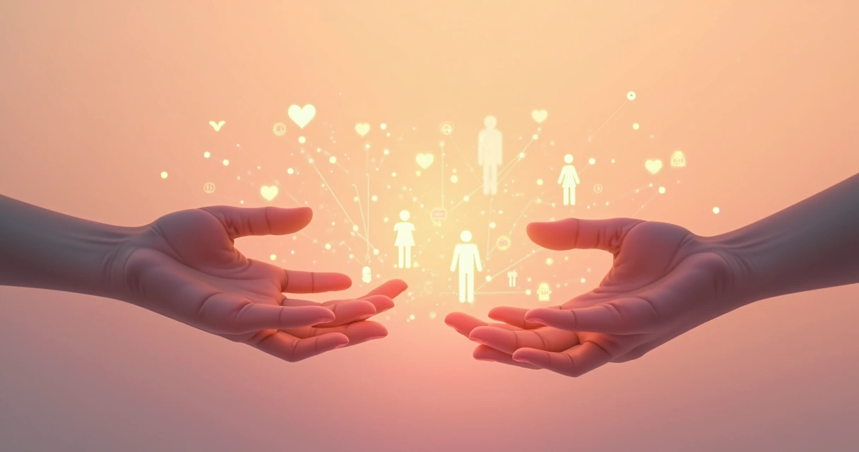 Two hands reaching toward each other across a gradient background, with symbols of hearts, people, and interconnected systems in subtle pastel hues 