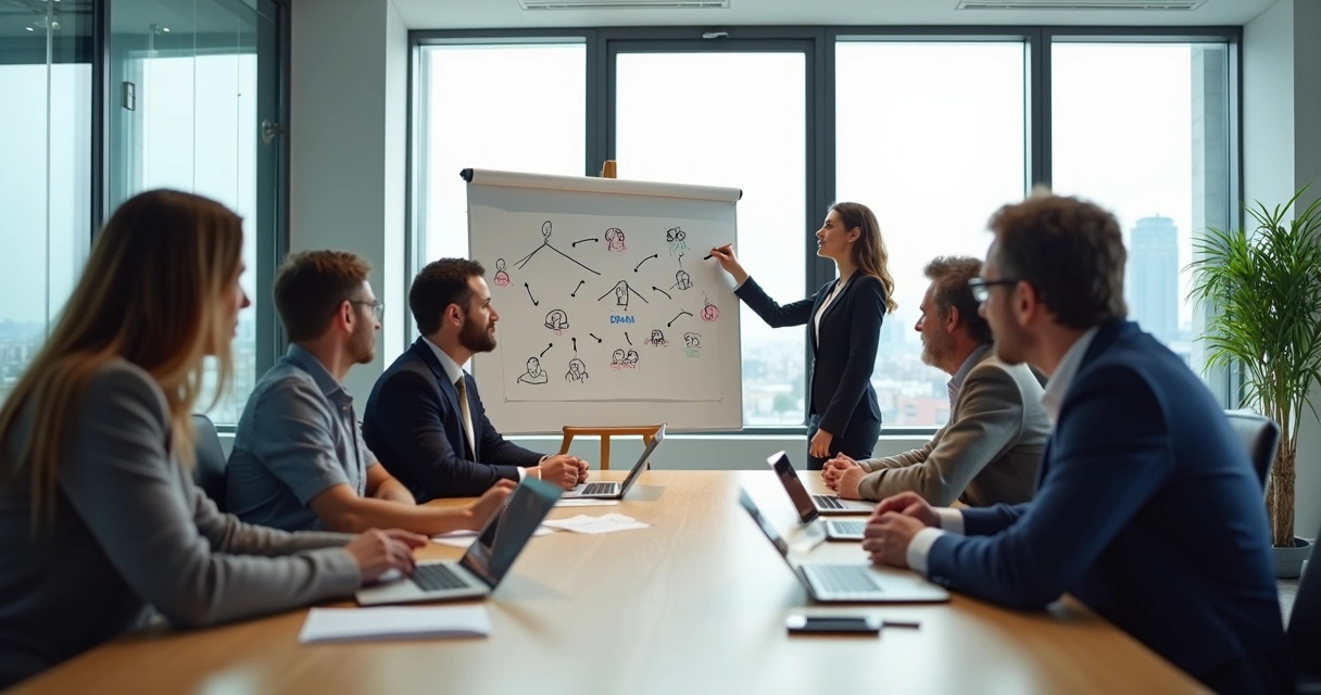 Business professionals discussing human impact around a large table 