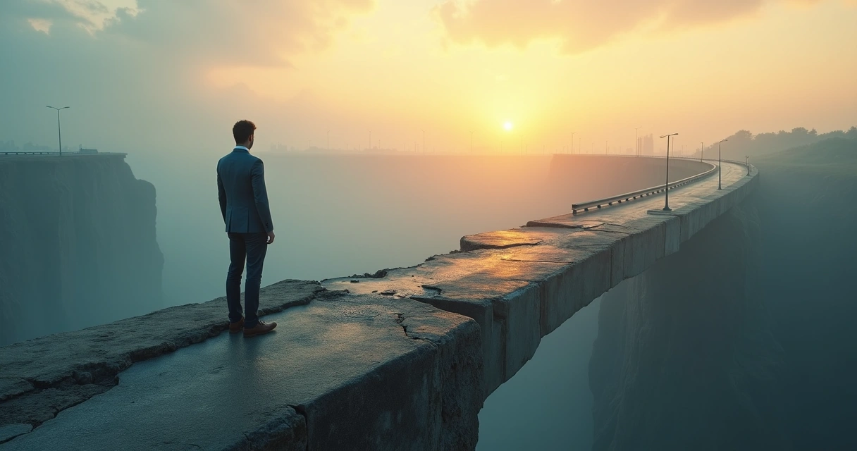 Business person on a broken road choosing a new path toward sunrise 