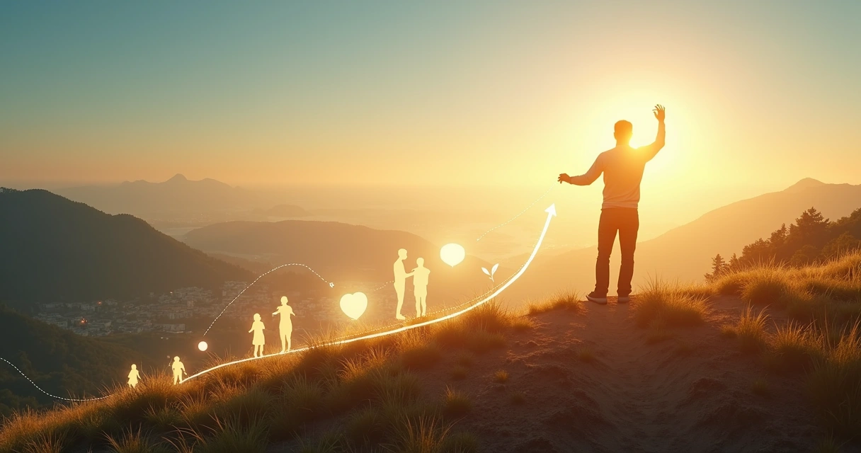 Person drawing a glowing path of human silhouettes across layered landscapes 