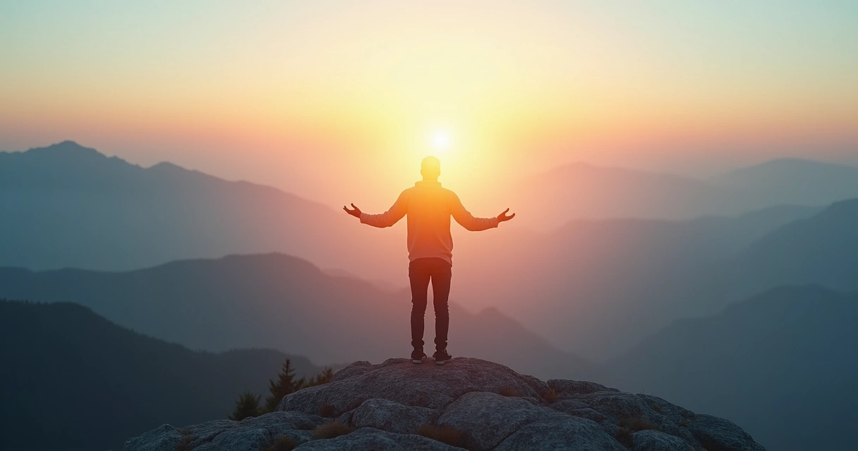 Person standing on a mountain at sunrise with light radiating from their chest 
