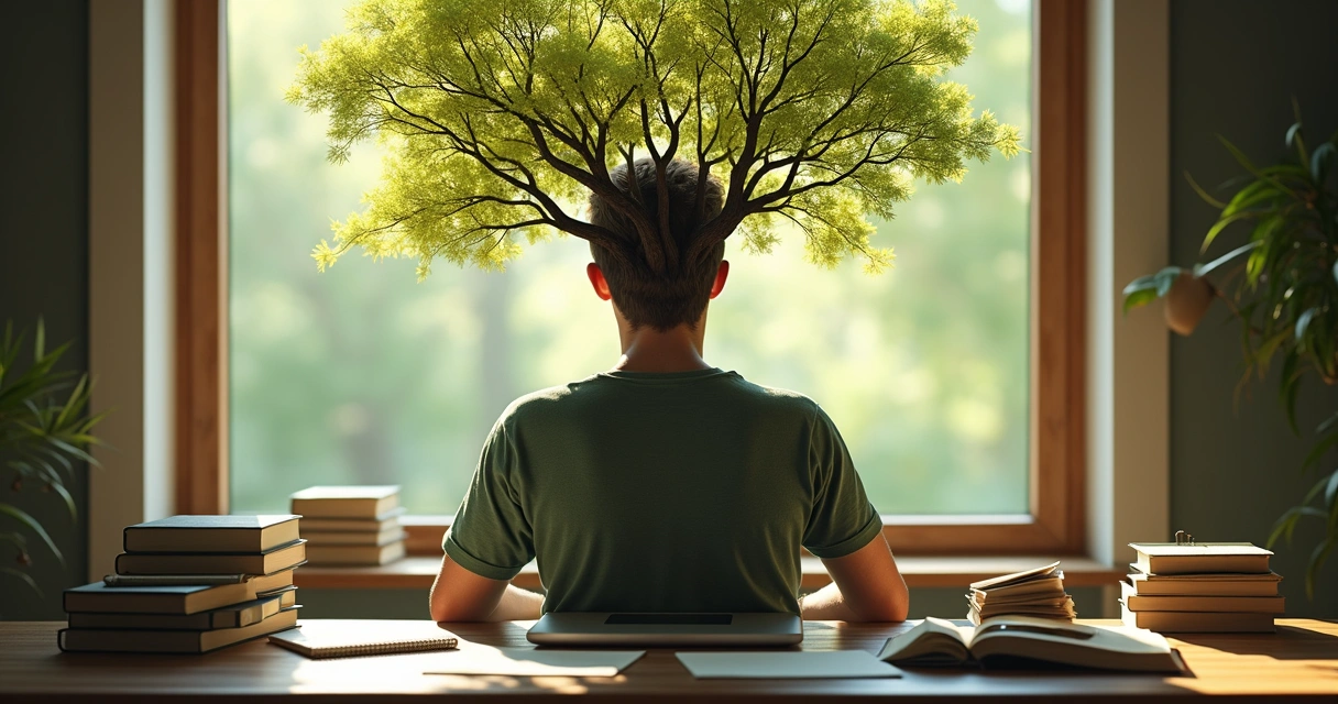 Person with books and digital devices, tree branches growing from head 