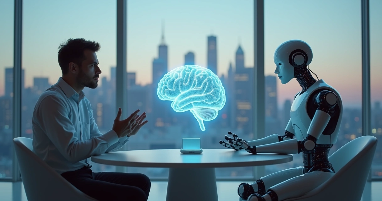 Human and robot in discussion with digital brain hologram 