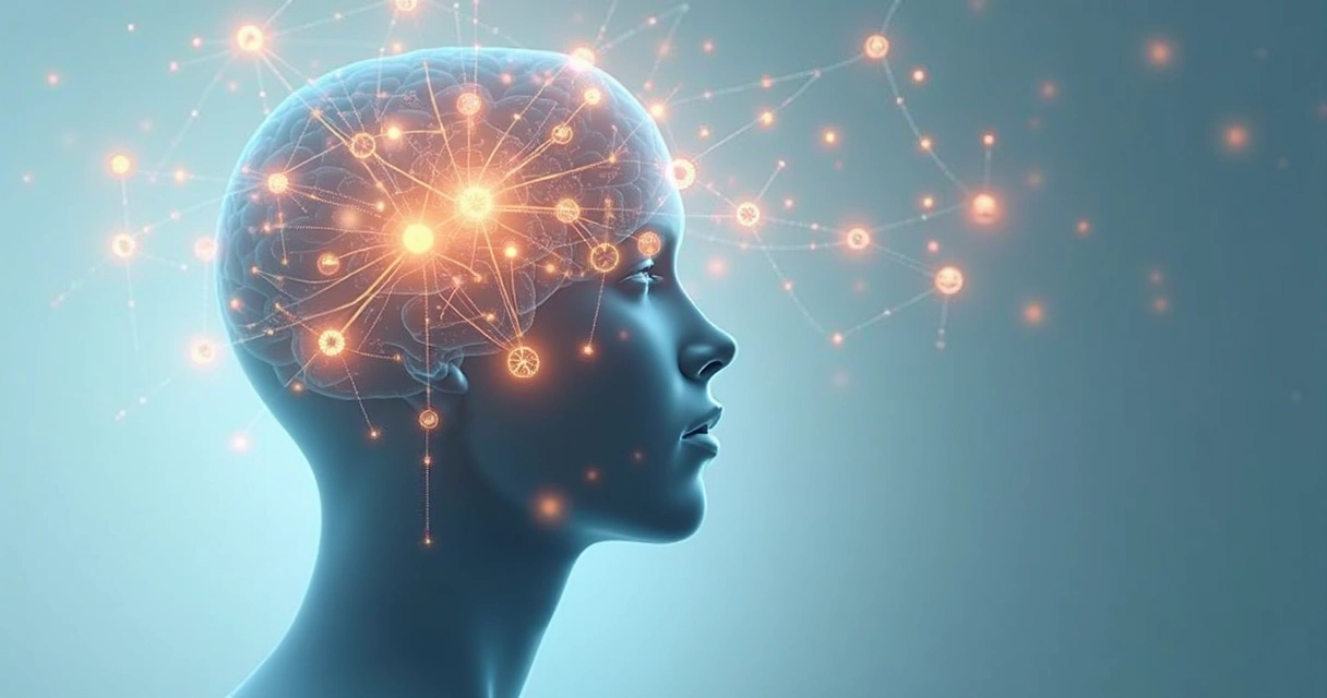 Network-like illustration of a human head connecting concepts 