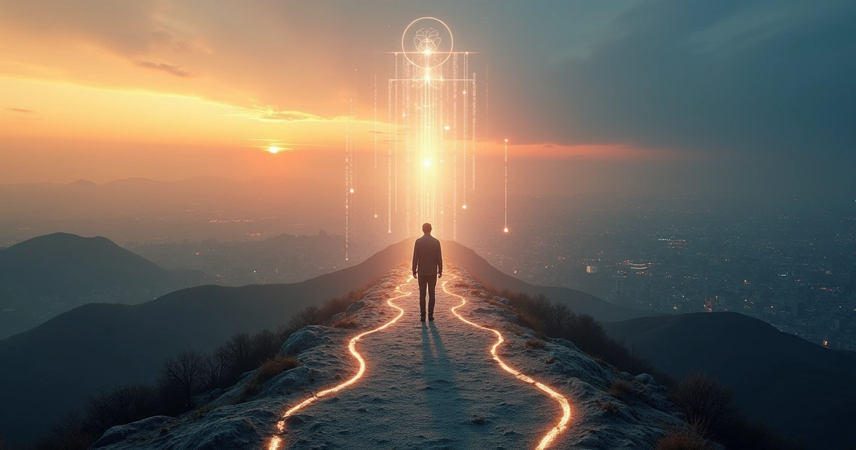 Person walking on a luminous path made of interconnected geometric lines between mind and heart 