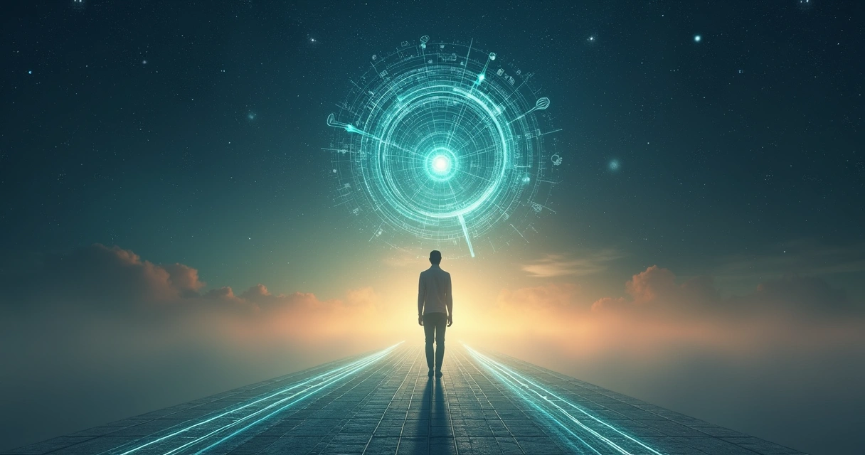 Person on a luminous path surrounded by abstract mind and cosmos symbols 