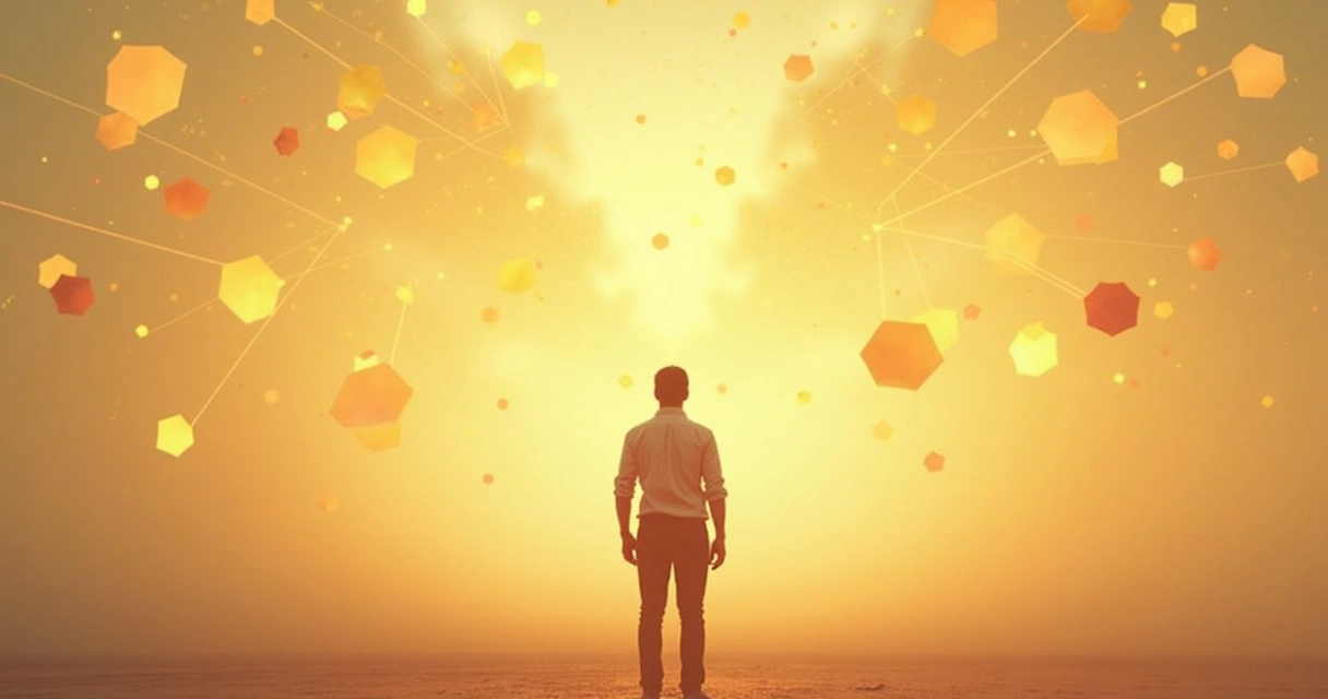 Person looking at abstract shapes symbolizing growth and change 