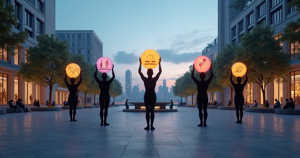Human silhouettes balancing glowing spheres over a city skyline at dusk 