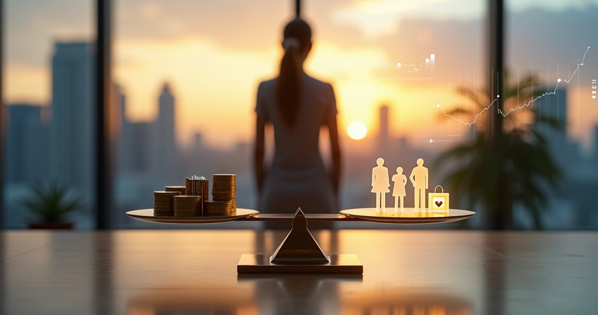 Businesswoman weighing money and glowing human icons on a balance scale 