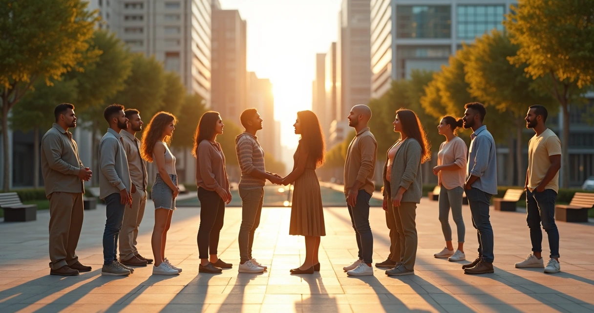 People in a city plaza connected by soft glowing lines 