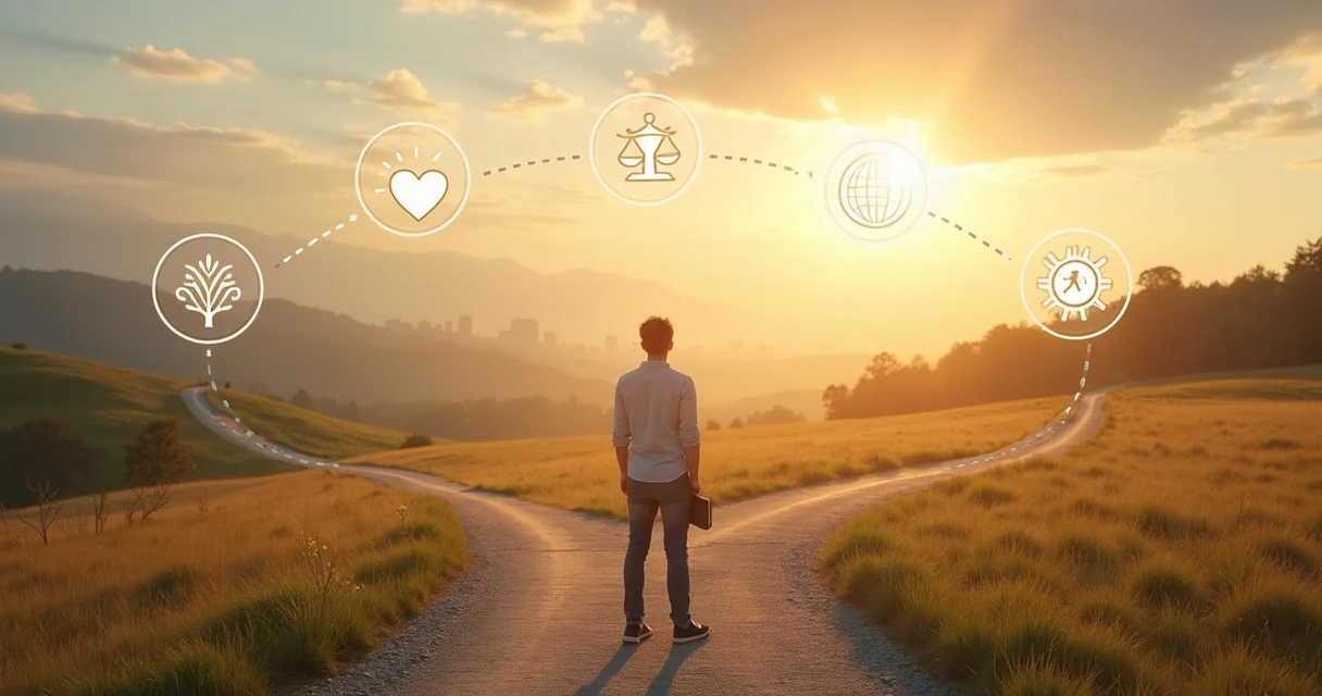 Person standing at crossroads choosing a path with values icons around 