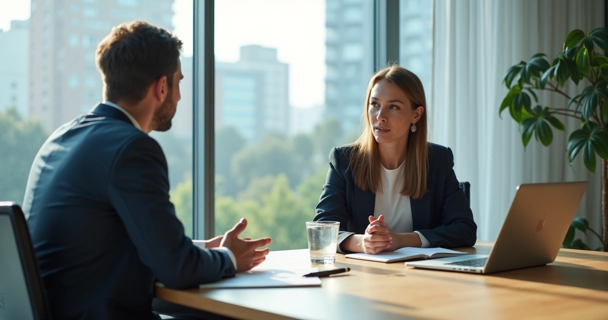 Leader and professional in thoughtful feedback conversation at modern office table 
