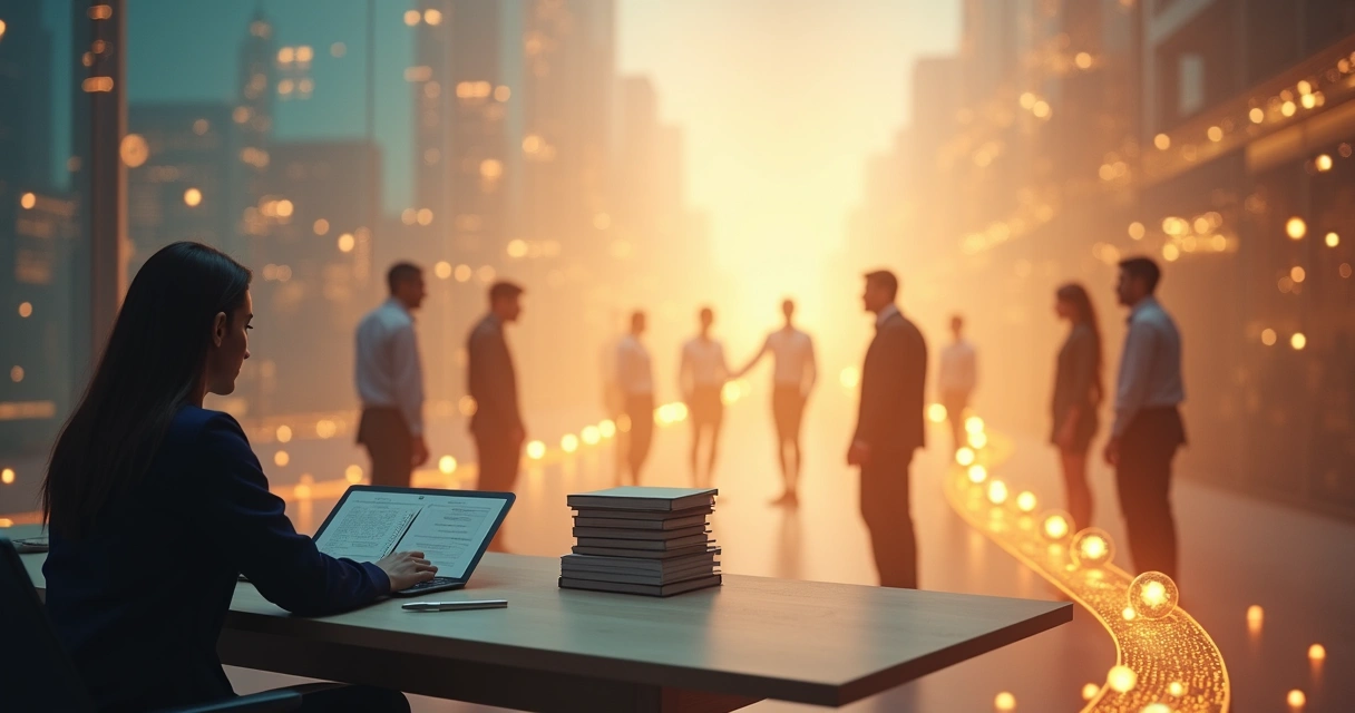 Human figure at desk connected to clients by glowing path of check-in dots 