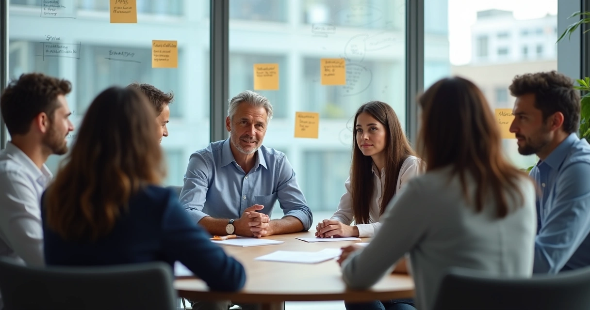 Diverse leaders in a meeting circle focusing on a colleague speaking 