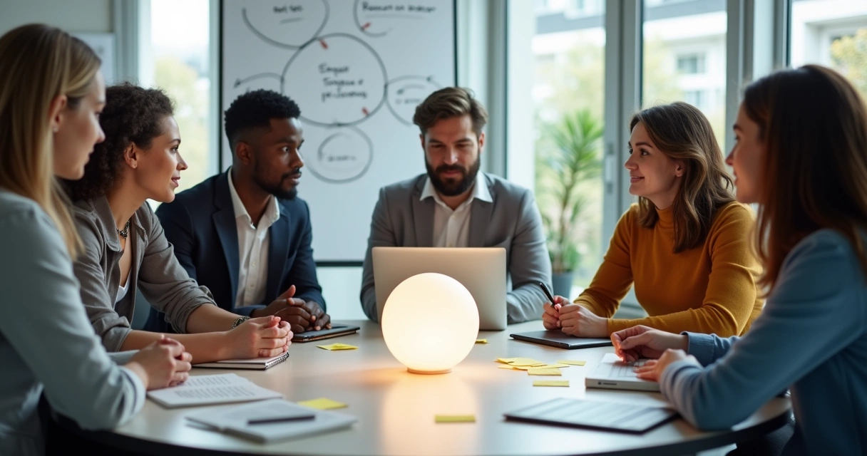 Diverse colleagues in a modern office forming a circle that highlights human value at work 