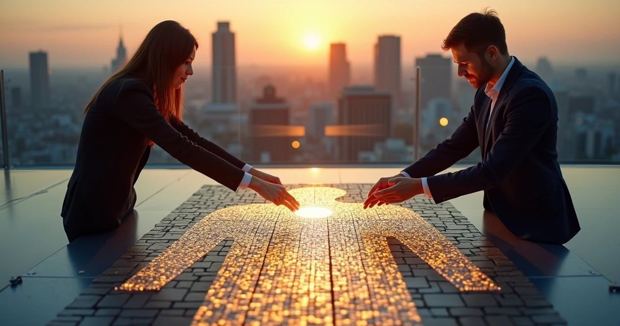 Two professionals adding glowing tiles to a human-shaped mosaic on a rooftop at sunset 