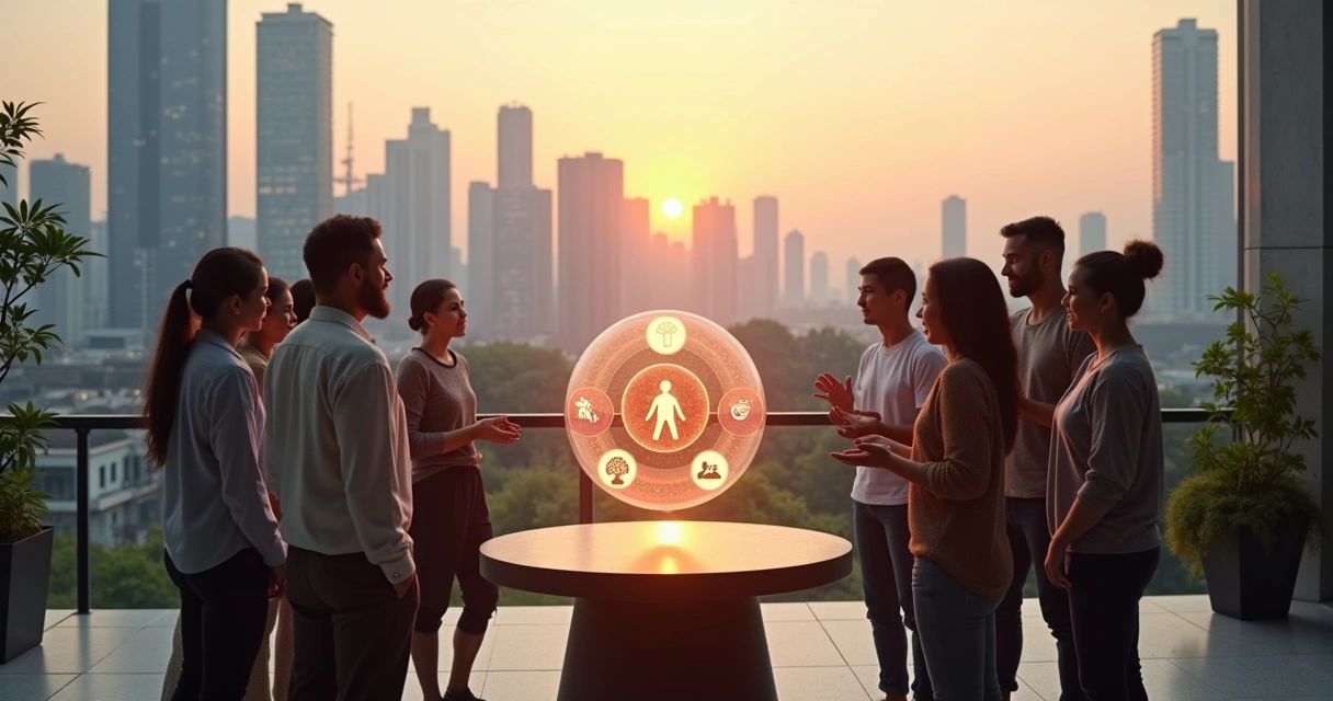 Diverse group in city rooftop circle balancing nature and technology 