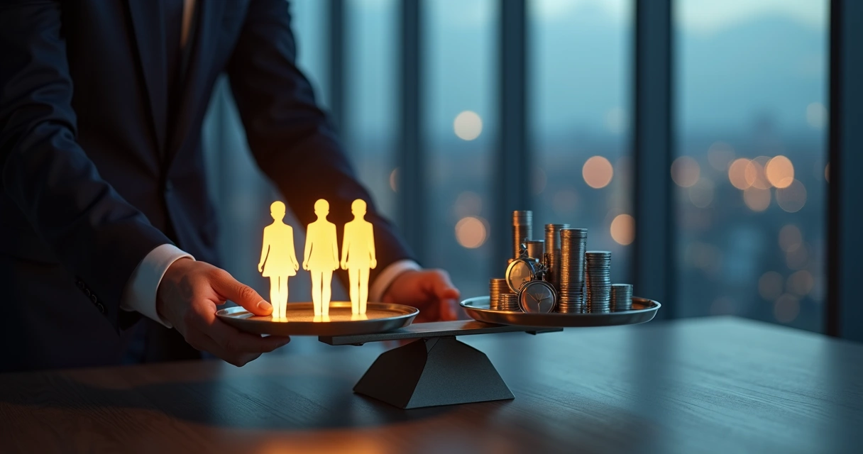 Businessperson balancing human value and traditional metrics on a scale 