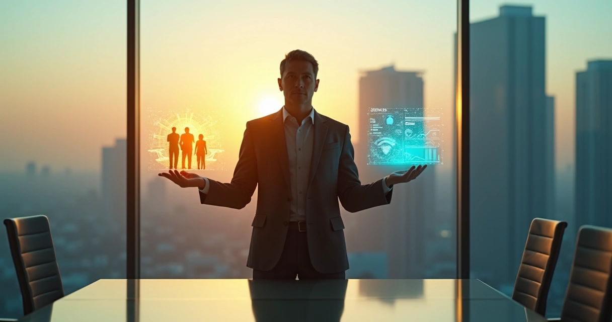 Business leader weighing human value and productivity on symbolic scales 