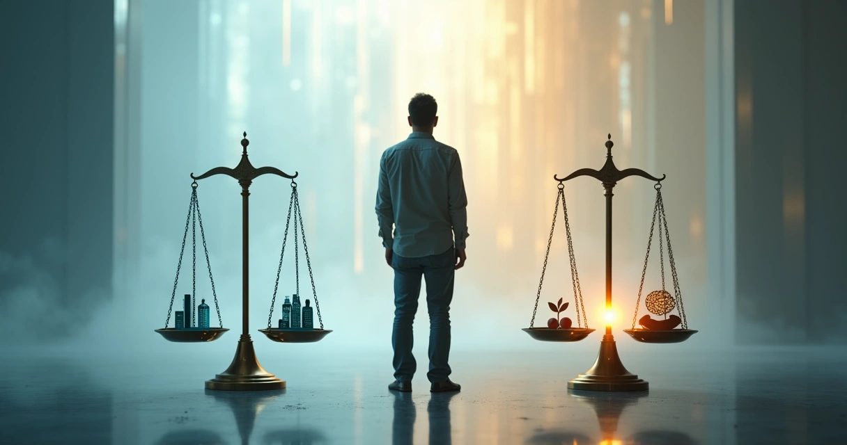 Person standing between two balanced scales labeled human valuation and self-worth 