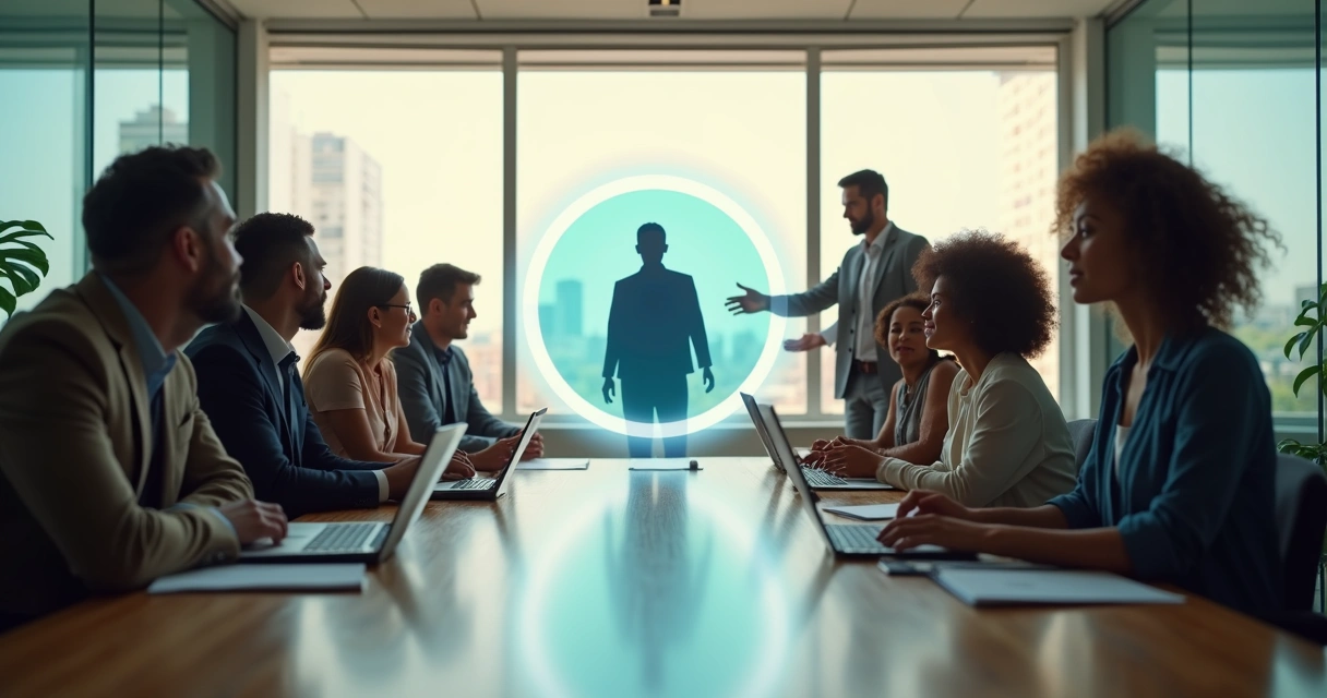 Diverse team in a modern office forming a circle around a glowing human silhouette icon on a table 