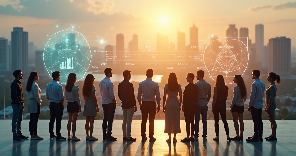 Diverse people connected by glowing lines forming a human-shaped network over a city at sunrise 