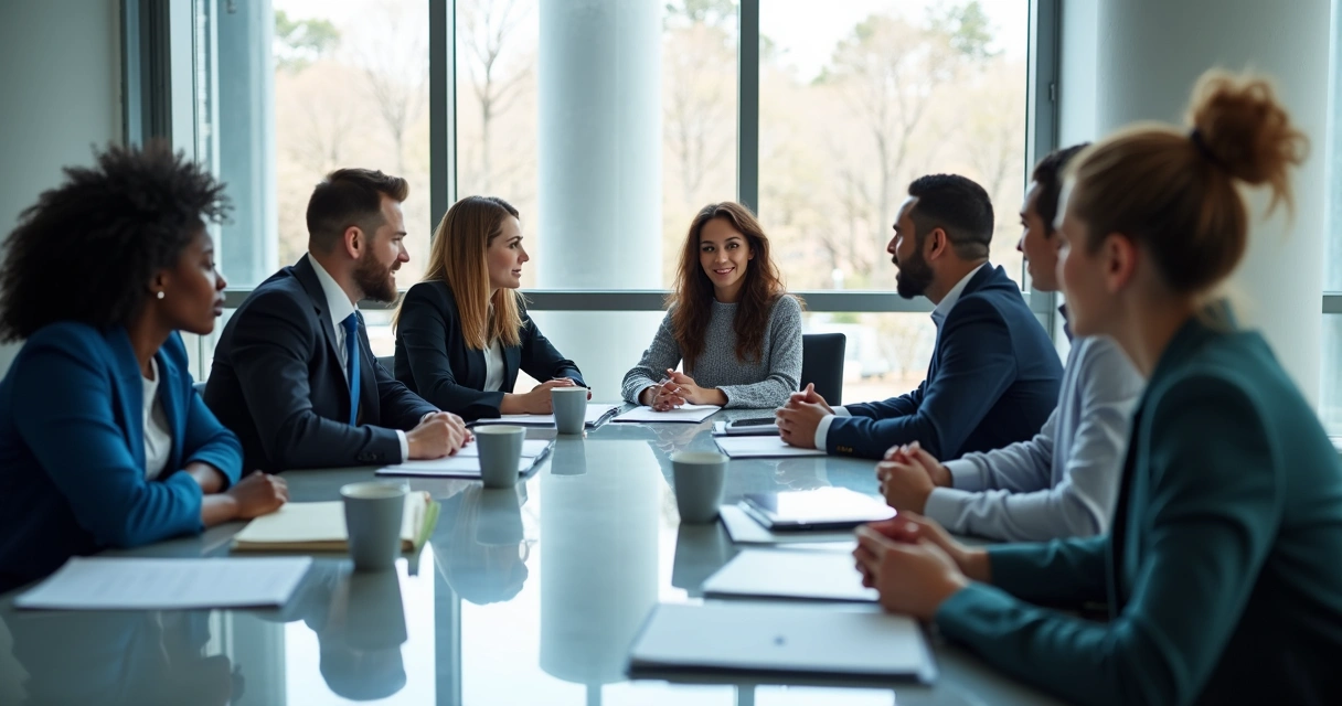 Business people in a meeting room having a thoughtful discussion