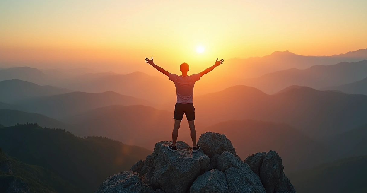 Person standing on mountain peak at sunrise, arms open wide, with layers of hills and valleys in the background, symbolizing growth and self-worth