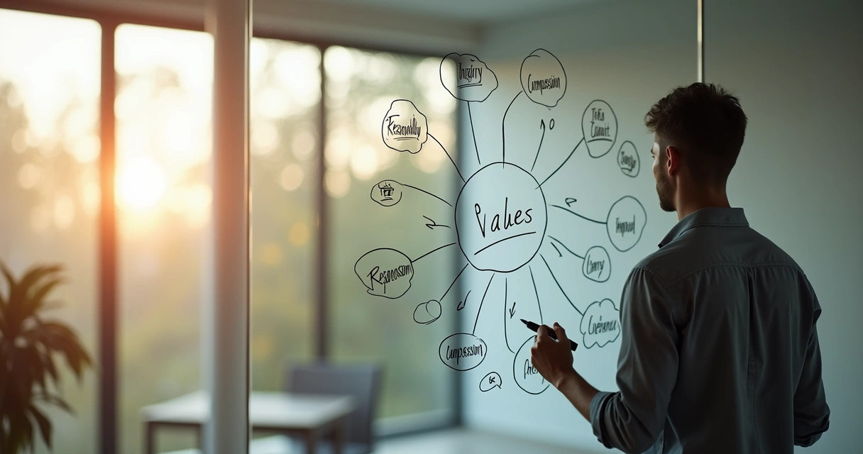 Person drawing a mind map of personal values on transparent glass wall 