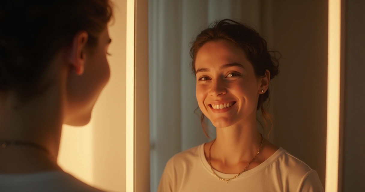 Reflection of a person looking into a mirror with a gentle smile