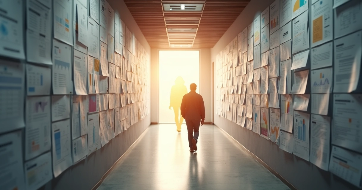 Person navigating hallway of performance review score sheets toward a lit human silhouette 