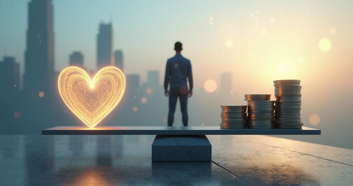 Silhouette of a person standing between a glowing human heart and a stack of coins on a balance scale 