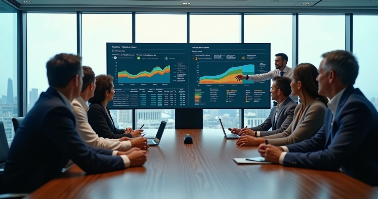 Executives viewing a dashboard that blends human values with business metrics 