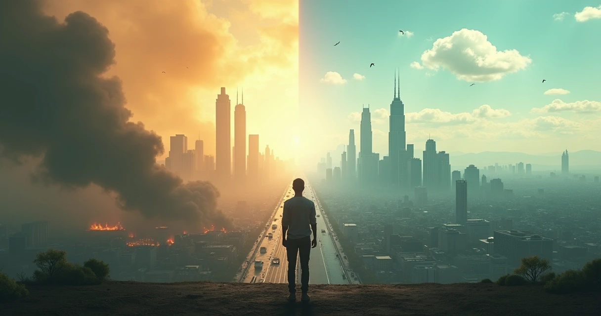 Pessoa olhando horizonte urbano dividido entre caos e equilíbrio 