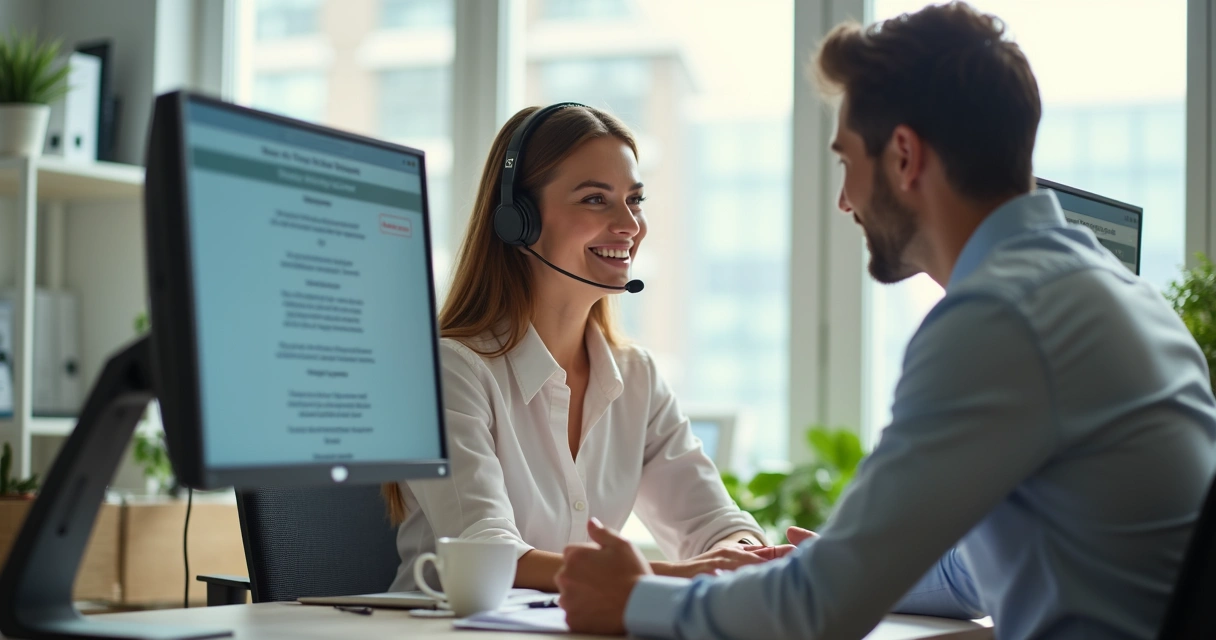 Atendente olhando para o cliente com empatia em um ambiente de escritório 