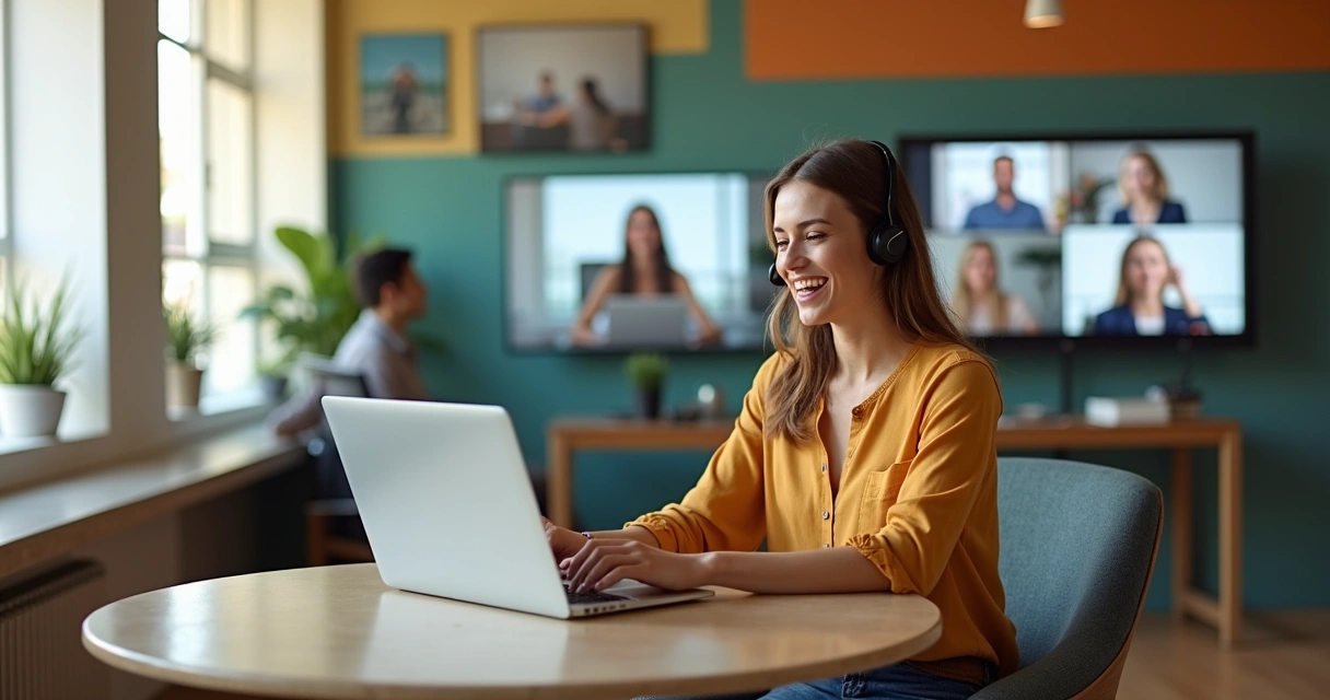 Especialista de atendimento conversando de forma humanizada em mesa colorida
