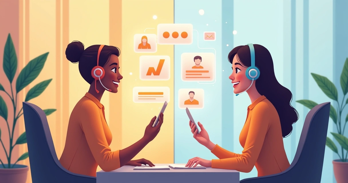 Atendente humano e assistente virtual colaborando juntos em atendimento 