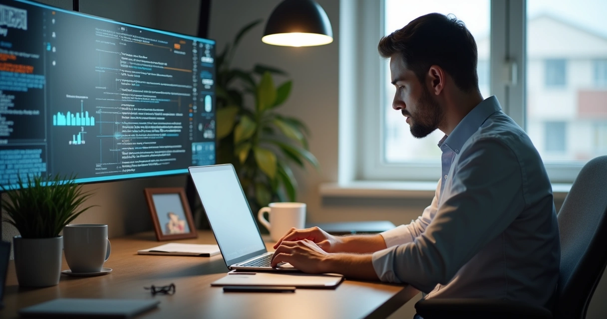 Profissional escrevendo conteúdo em laptop com elementos humanos ao redor 