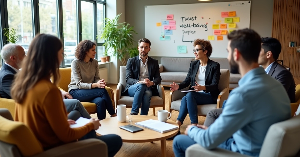 Equipe diversa em reunião acolhedora em escritório moderno 