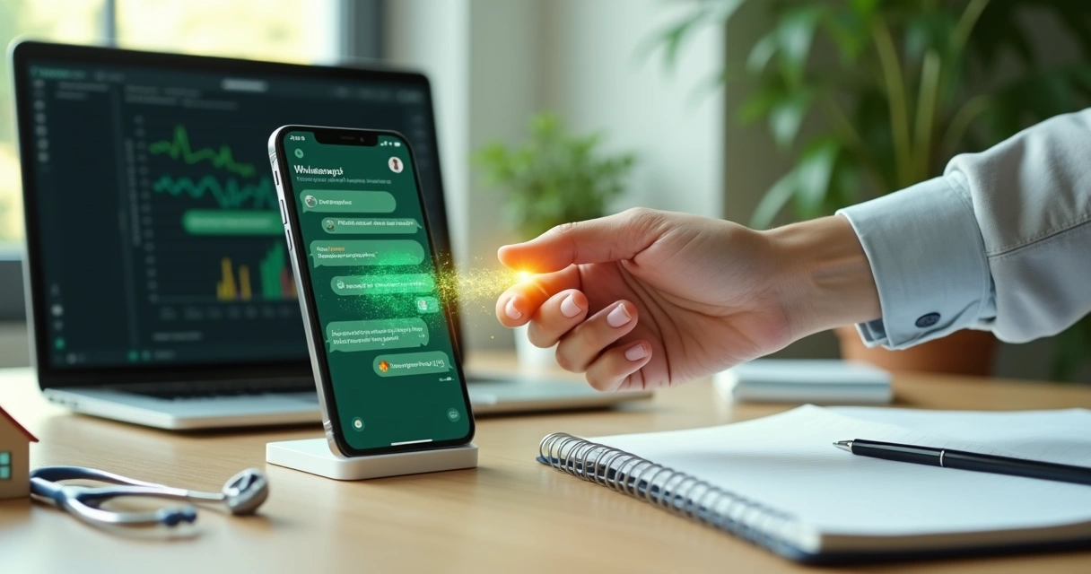 Asesora de servicios dando la mano a una mano digital proyectada desde un celular con chats de WhatsApp de fondo 